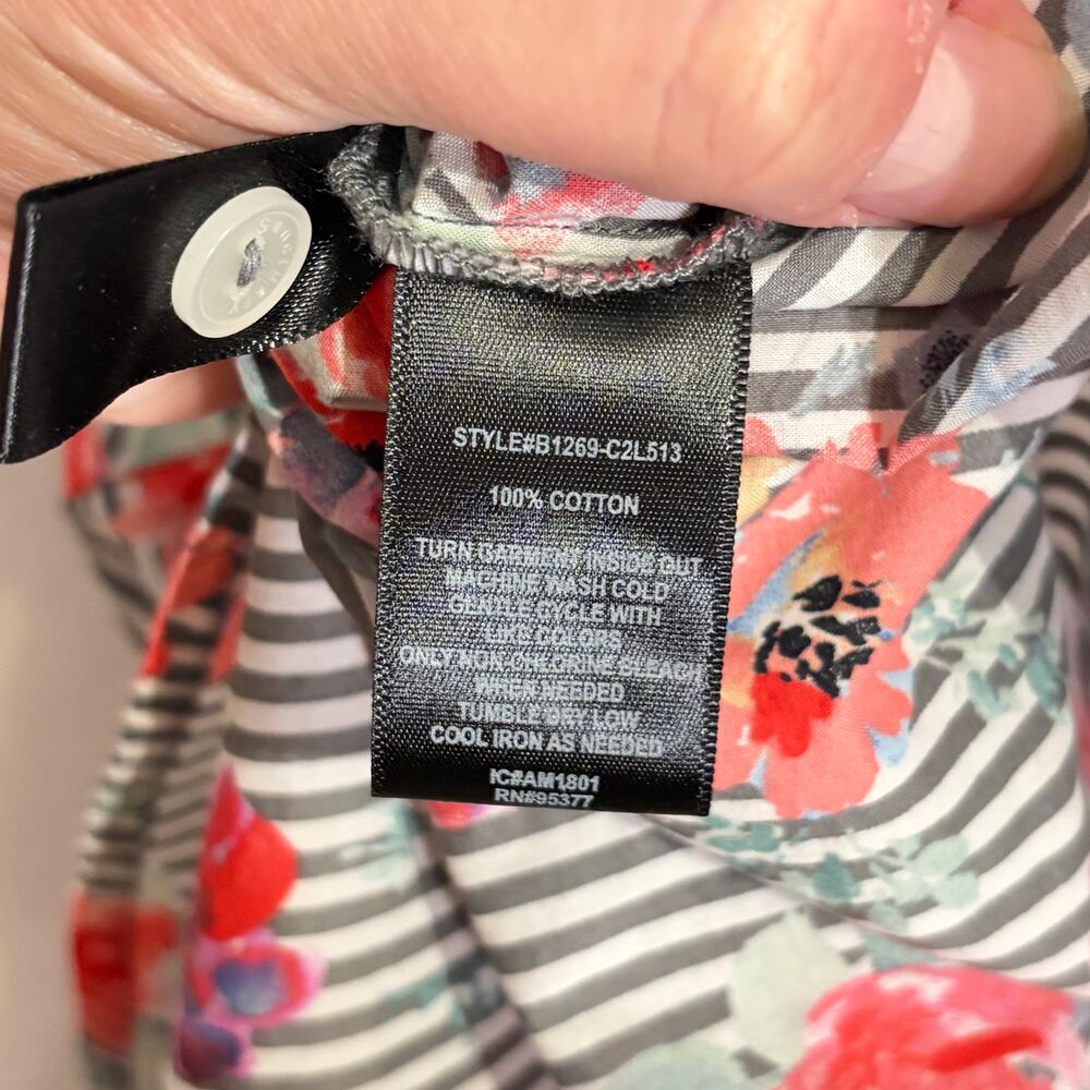 Sanctuary Button Down Shirt Womens Medium Pink Gray Striped Floral Tunic Blouse - Picture 6 of 14